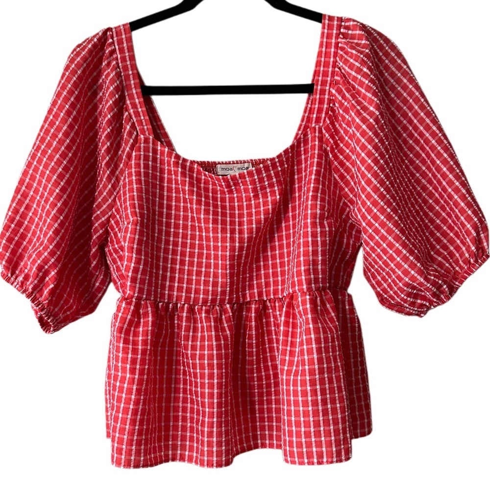 Moa Moa Red Plaid Puff Sleeve with Smocked Back Blouse